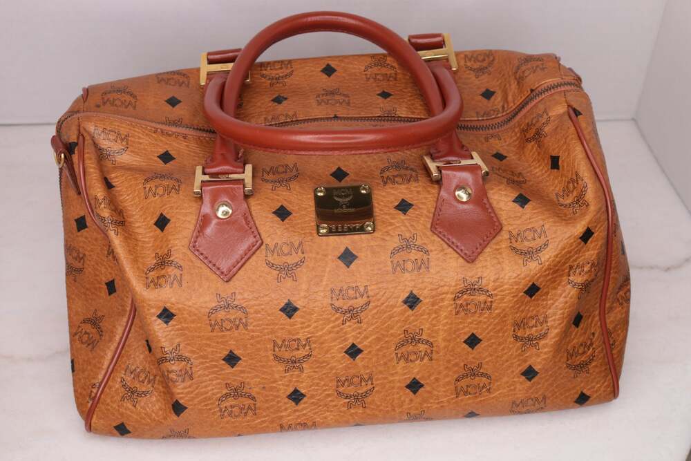 Vintage MCM Cognac Visetos Boston 35 Monogram Satchel Bag Plate 8861P